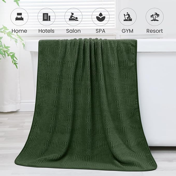 JML Microfiber Bath Towels, Olive-Green, 30" x 60", Pack of 2 | Hanging Hook, Lint Free, Oversized, Soft, Super Absorbent, Fast Drying, Use for Sport, Fitness, Yoga, Diamond Cross Grid