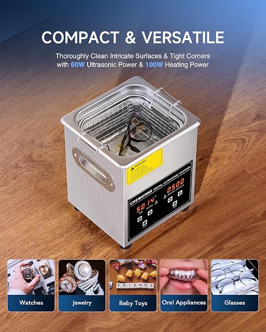 CREWORKS Professional Jewelry Cleaning Machine, 2L Jewelry Cleaning Ultrasonic Machine with Heater & Timer, Digital Sonic Cleaning Machine for Cleaning Denture Dental Irrigator Parts Retainer Glasses