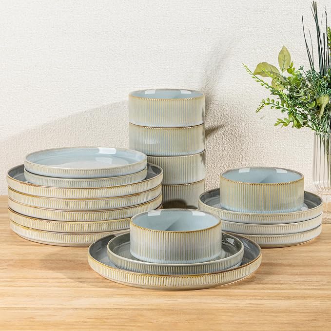TheTerra Ceramic Dinnerware Sets for 6, 18 Pieces Porcelain Lightweight Plates and Bowls Sets, Scratch Resistant Dish Set, Oven & Microwave & Dishwasher Safe,Illusion Blue