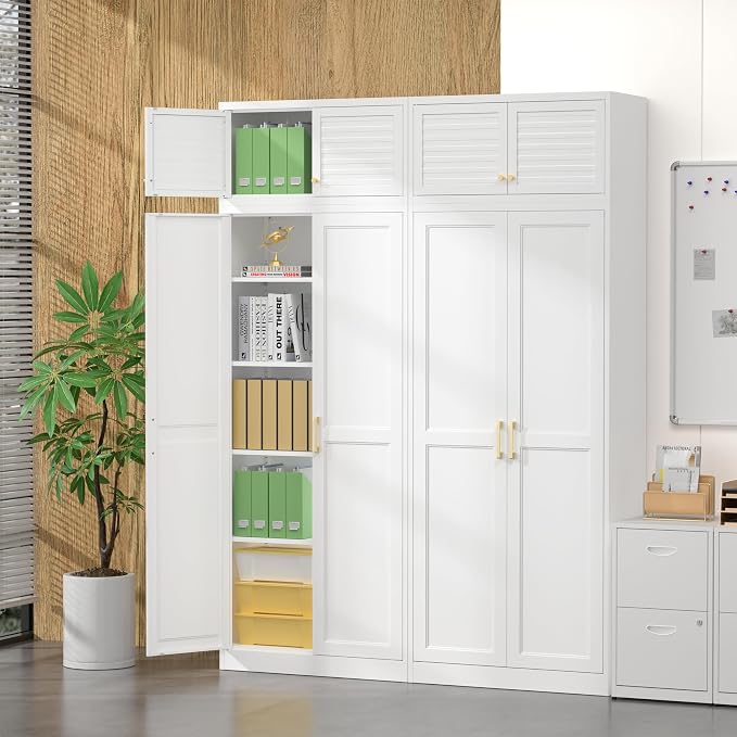 Steeloong 86"Metal Pantry Storage Cabinet with Doors & 4 Adjustable Shelves | Kitchen Pantry Cabinet,White Kitchen Cabinet with 4 Gold Handles,Tall Cabinet for Livingroom,Pantry, Bathroom,Kitchen,Garage