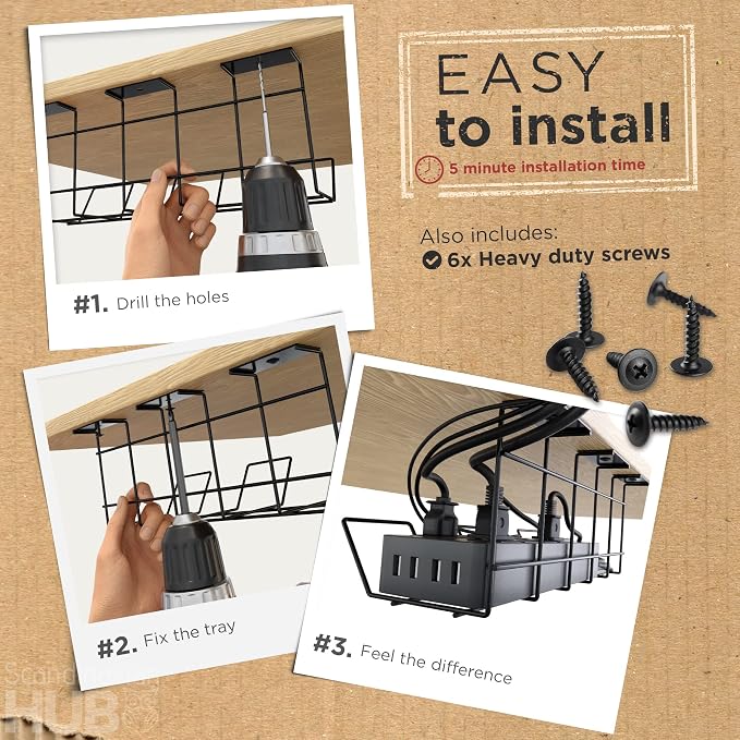 Compact Under Desk Cable Management Tray - Cable Organizer for Wire Management, Desk Wire Organizer, Cable Tray - Black Set of 2x12