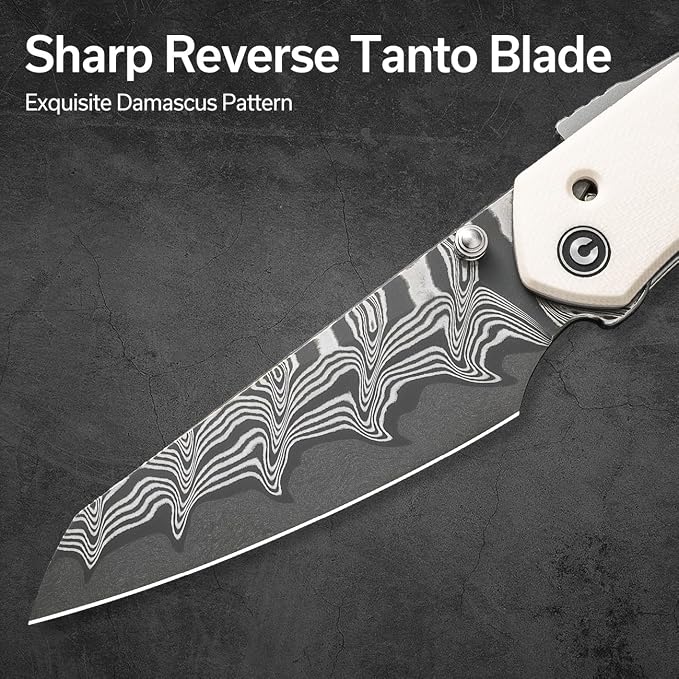 CIVIVI Vision FG Pocket Knife,3.54" Damascus Reverse Tanto Blade C22036-DS1 | Superlock Folding Knife with G10 Handle, Reversible Ambidextrous Clip for EDC Camping Hiking