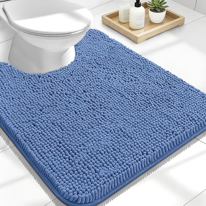 OLANLY Toilet Rugs U-Shaped 24x20, Extra Soft Absorbent Chenille Contour Bathroom Rugs for Toilet, Dry Quickly, Machine Washable, Non-Slip Bath Mat, Cornflower Blue