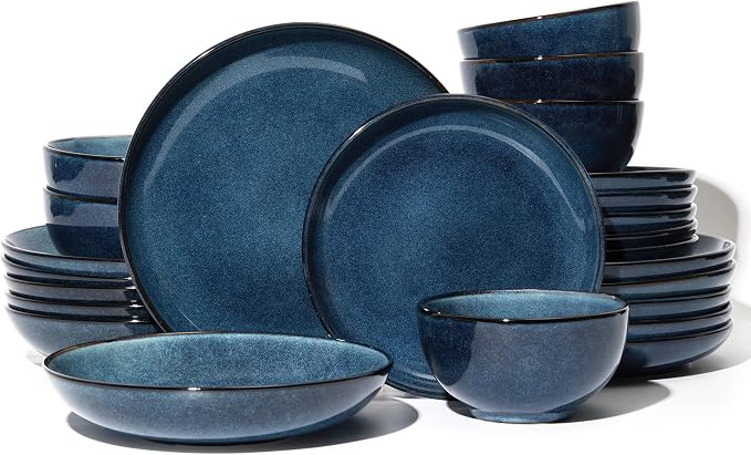Pokini 24 Piece Double Bowl Dinnerware Sets with Pasta Bowls, Highly Chip and Crack Resistant Plates and Bowls Sets, Natural Earthyware Ceramic Dishware Sets, Service for 6 Starry Blue