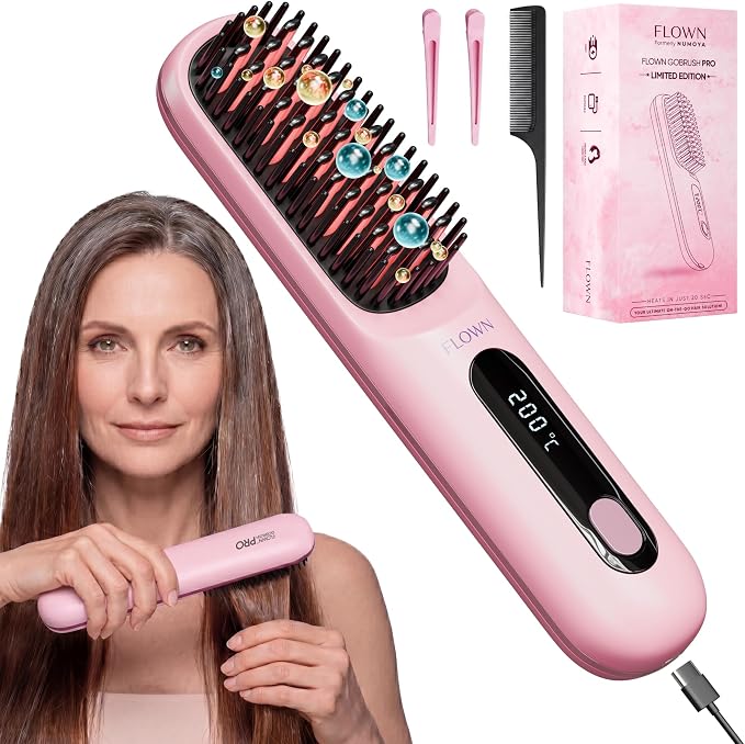 FLOWN® Original Go Brush PRO [Five Minutes Hair Styling Routine] - No Damage Heat Brush with USB-C Charger - Electric Travel Pocket Brush for All Hair Types - Pink (Formerly Numoya)