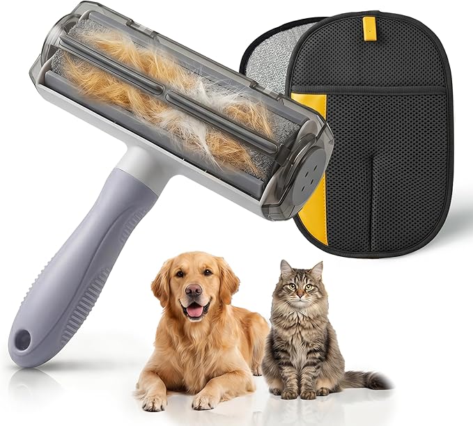 A&O Pet Hair Remover Set for Cats & Dogs – Grooming Gloves & Reusable Lint Roller Combo – Dog Cat Fur Remover for Furniture, Couch, Carpet, Clothes & Car Seats – Washable Electrostatic Deshedding Tool