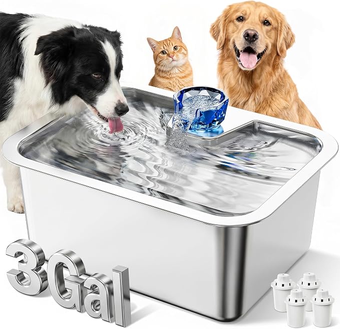 PETNF 3-Gallon 304 Stainless Steel Dog Water Fountain for Large Dogs, Extra Wide Drinking Area, Automatic Water Bowl Dispenser for Large Dogs & Multi-Pet Homes, 7-Stage Filtration System, Quiet Pump