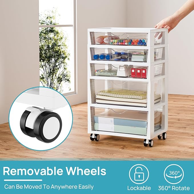 Vtopmart Plastic Drawer Storage Rolling Cart with Wheels, 5-Tier Drawer Organizer for Art Crafts Supplies, Home Office Supplies, Toys, Under Desk Storage for Office, Craft Room, Bedroom, Classroom