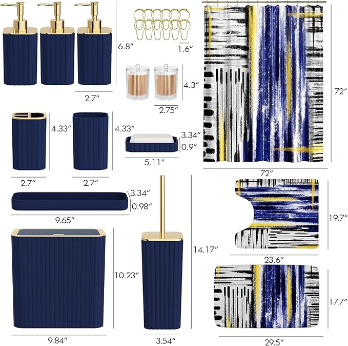 Bathroom Set - Bathroom Accessory Set, Navy Blue Bathroom Set, 26PC Bathroom Sets with Shower Curtain and Rugs, Toilet Brush, Trash Can, Qtip Holder & Bathroom Soap Dispenser Set