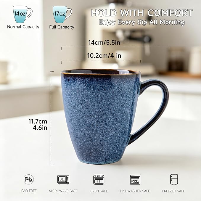 MONITO 17 OZ Coffee Mugs Set of 6, Large Ceramic Blue Coffee Mugs Set with handle for Tea/Latte/Milk/Cocoa, Funny Tea Cups for Office and Home, Engagement Gifts. (Starry Blue) | Mugs with Gold Rim for Latte,Tea&Cocoa,Dishwasher&Microwave Safe,Reactive ...