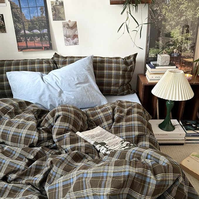 mixinni Vintage Buffalo Plaid Duvet Cover Set Queen Size - 3 Piece Washed Cotton Bedding Set with Grid Pattern, Soft & Breathable Duvet Cover with Pillowcases for All Seasons,(Brown & Blue,Beige)