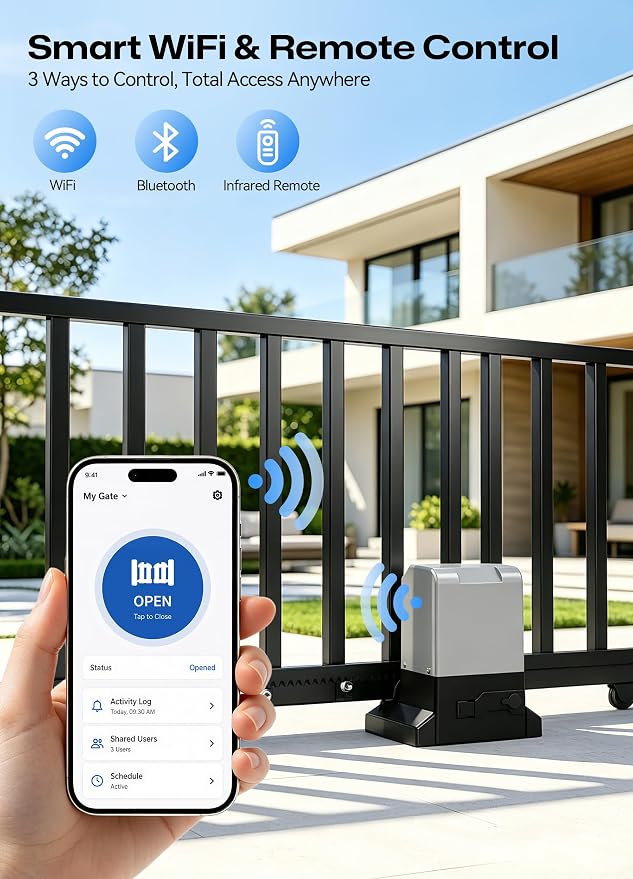 1800lb Smart Sliding Gate Opener with WiFi & Bluetooth, 1/2HP Automatic Slide Gate Motor, Quiet Nylon Rack Drive, App, 2 Remotes, IR Sensor, Hardware Kit for Gates up to 40ft