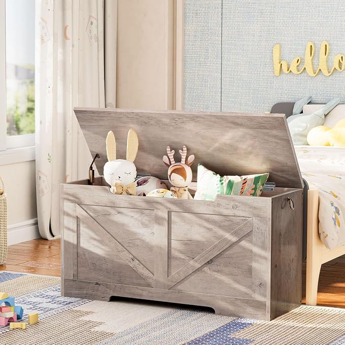 HOOBRO Storage Bench, 39.4” Retro Wooden Storage Chest with U-Shaped Cut-Out Pull, Safety Hinge, Supports 220 lb and Easy Assembly for Toy Box Organizer (Greige) BG771CW01G1