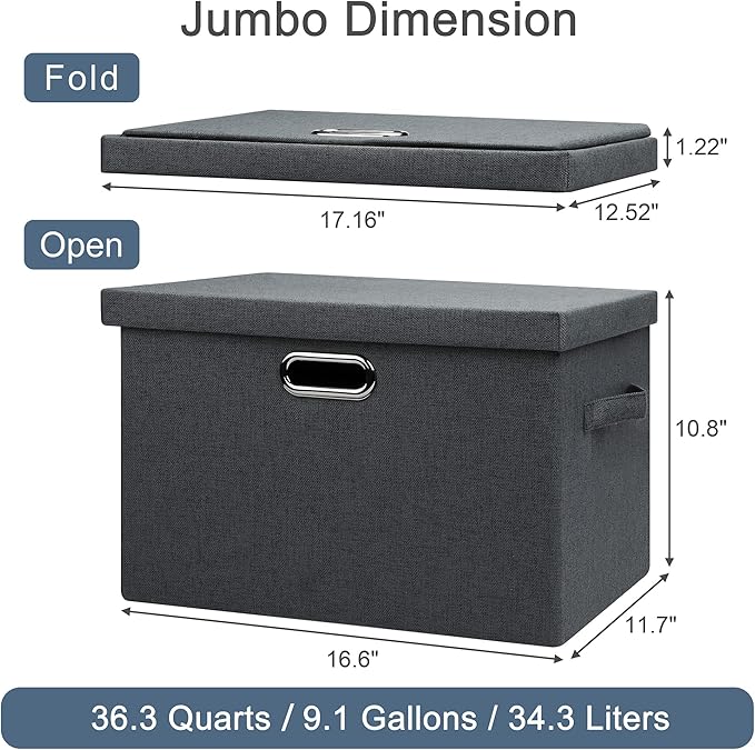 Graciadeco Large 17" 36 Quart Collapsible Stackable Storage Bins with Lids, 3 Packs Dark Gray Foldable Fabric Closet Storage Boxes with Lids, Heavy-duty Linen Cube Baskets(17x12x11)