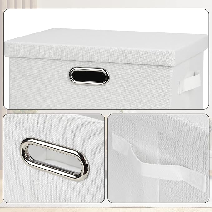 Graciadeco Medium 15" 21 Quart Collapsible Stackable Storage Bins with Lids, 3 Packs White Foldable Fabric Closet Boxes Heavy-duty Linen Cube Baskets Container for Bedroom Office (15 x 11 x 8)