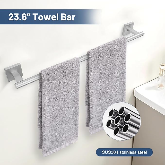TURS 5-Pieces Brushed Nickel Bathroom Hardware Set 23.6 Inch SUS304 Stainless Steel Towel Bar Set Wall Mounted Square Toilet Paper Holder with Shelf