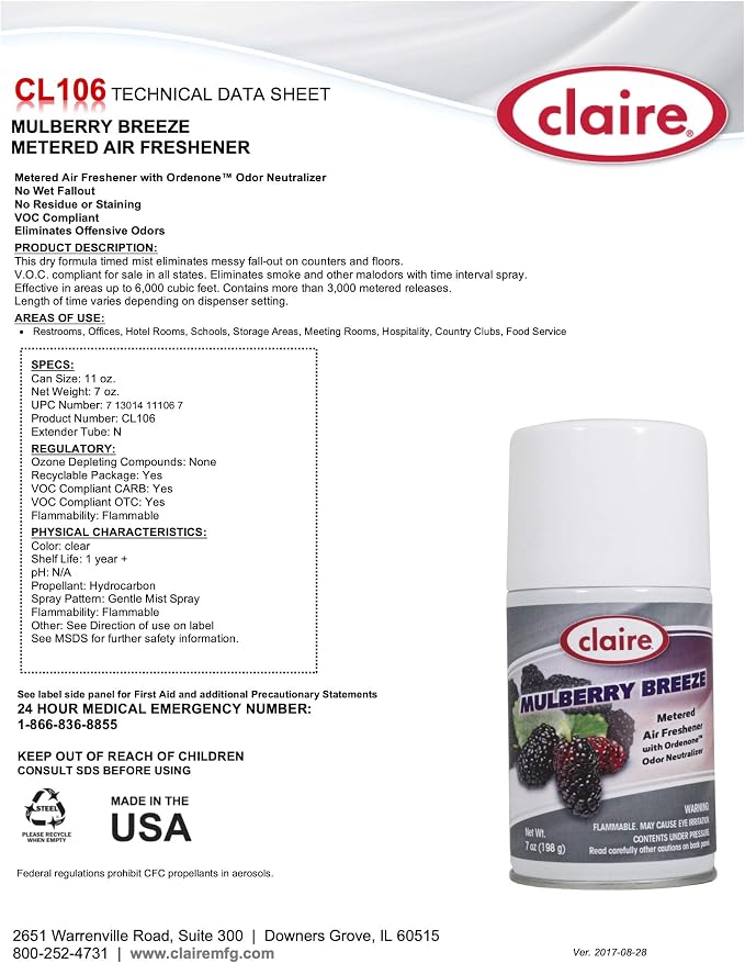 Claire CL106-12pk Mulberry Breeze Metered Air Freshener; 7 Oz. Net Wt, 12 Count