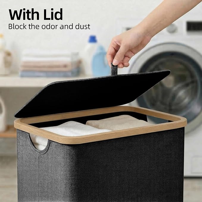 efluky Slim Laundry Basket with Lid, Narrow Laundry Hamper with Removable Bag, Skinny Dirty Clothes Basket with Bamboo Handles for Bathroom, Bedroom & Laundry Room, 90L Black