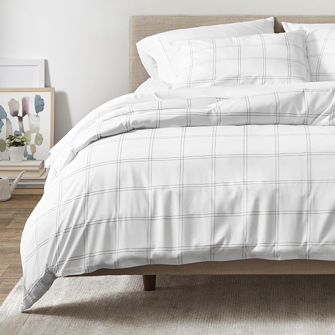 Bare Home Bedding Duvet Cover King Size - Premium 1800 Super Soft Collection - Lightweight, Cooling - Soft Breathable Bedding Duvet Cover (King, Modern Plaid - White/Grey)