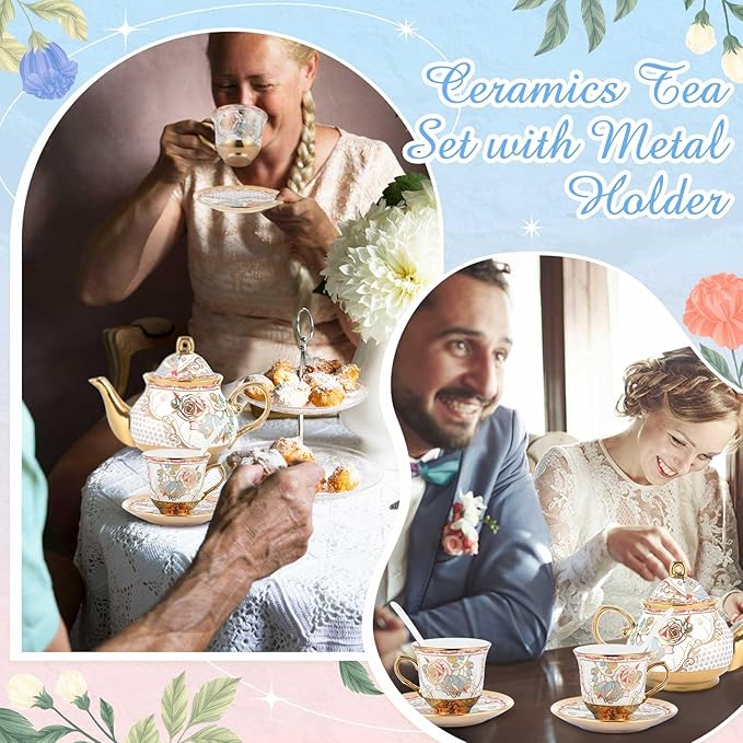 Zhehao 20 Pcs Porcelain Tea Set with Metal Holder and Spoon Adult Ceramic Tea Set European Flower Painting Teapot Cup Saucer Spoon for Women Mom Gift, Large Version (Minimalist Style)