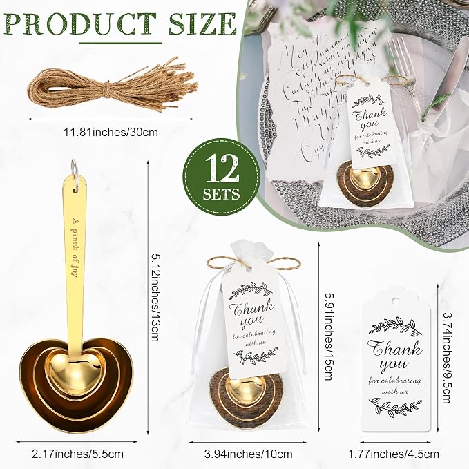Umigy 12 Set Heart Shaped Measuring Spoon Tea Spoons Wedding Baby Shower Favors for Guests Set Heart Shape Drawstring Organza Bag Gift Tag Rope for Wedding Bridal Shower Souvenir (Gold)