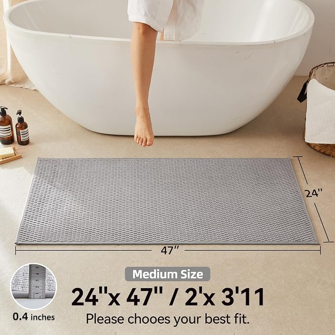 Triohero Bathroom Rugs Non Slip Washable, Super Absorbent Thin Bath Mat Quick Dry Low Pile Bathroom Rug, Light Grey 24"x47"