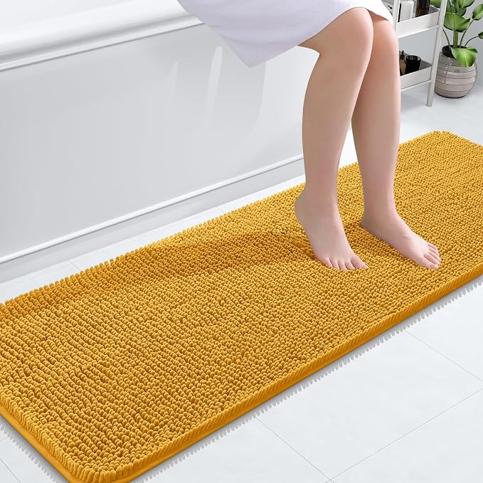 OLANLY Bathroom Runner Rugs 59x20, Soft Absorbent Chenille Bath Rugs, Rubber Backing Quick Dry, Machine Washable Long Bath Mats for Bathroom, Tub and Shower, Home Decor Accessories, Golden Yellow