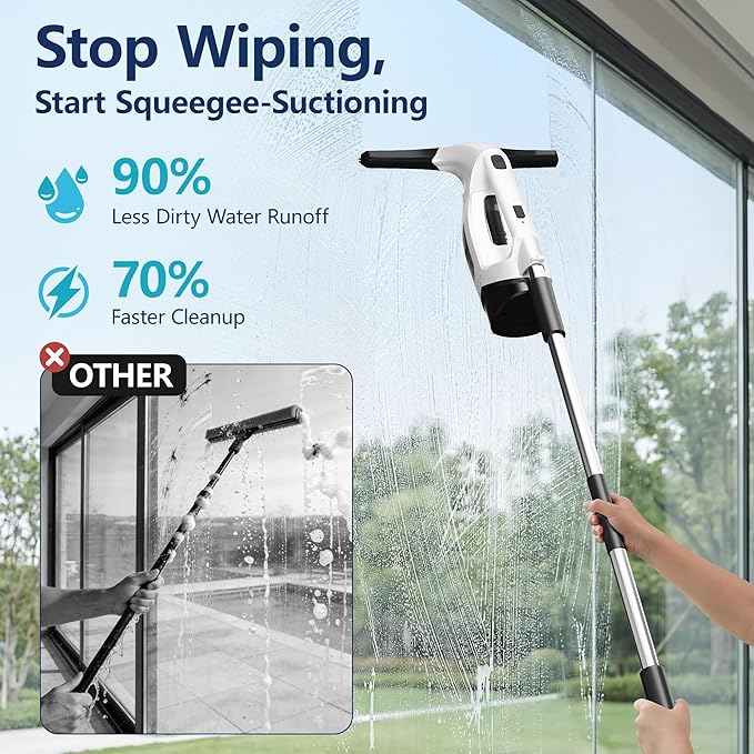 Window Vacuum Squeegee with Extendable Pole 31-40", 2000Pa Electric Window Cleaning Tool with 2200mAh and 150ml Dirty Water Tank, Long Handle Squeegee for Shower Glass, Window Cleaning