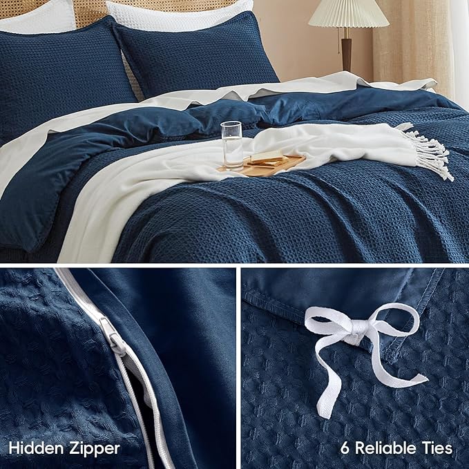 PHF Waffle Duvet Cover Set Twin XL Size, Back to School College Dorm Bedding, Ultra Soft Breathable Comforter Cover for All Season, Dorm Room Essentials Set with 1 Pillow Sham,68" x 90", Navy Blue