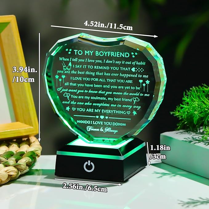 Arikyrist Romantic Gifts for Boyfriend with LED Base Boyfriend Anniversary Birthday Gifts Ideas from Girlfriend Crystal Heart to My Boyfriend I Love You Gift for Him on Valentine's Day Christmas