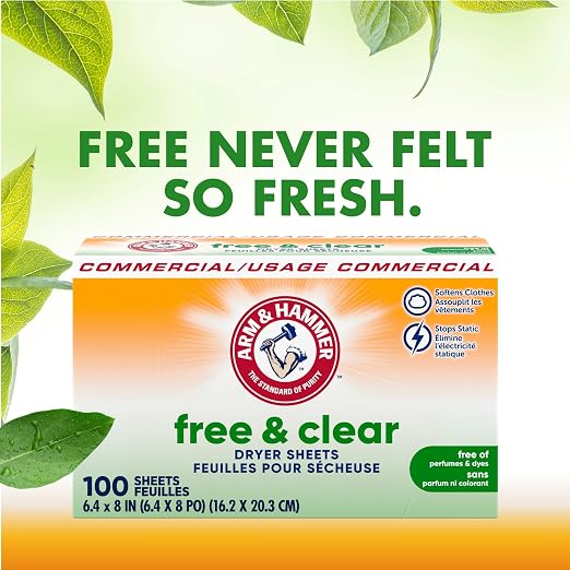 Arm & Hammer Dryer Sheets Professional, Free and Clear, Box of 100 Sheets, (Case of 6)