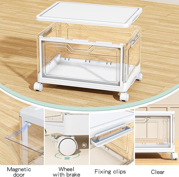 Kmiectse Clear Storage Bins with Lids - 4 Tier Plastic Bins with Wheels, Stackable Storage Bin, Closet Organizers Box for Bedroom, Living Room, 23 QT Folding Box with Magnetic Door