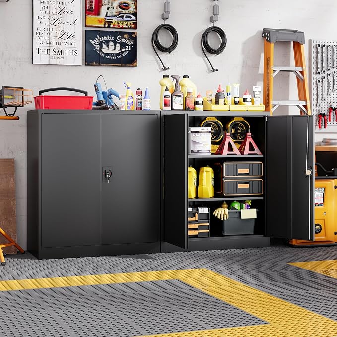 Metal Storage Cabinets with Lock Door,2 Adjustable Shelves Organizer Steel Storage Cabinets for Home,Office,Warehouse,Garage,Employee Lockers(Black)