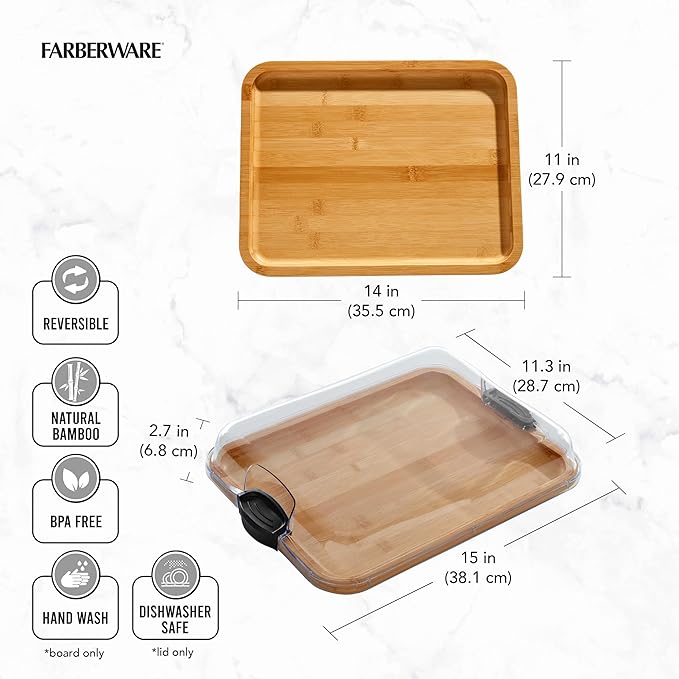 FAREBERWARE Build-A-Board Bamboo Cutting Board with Single Storage Compartment, Clear Locking Lid, Black Handles, Perfect for Charcuterie & Snacks, Pack of 2