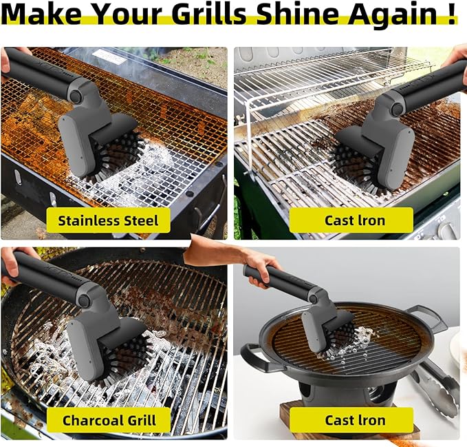 Rechargeable Rotary Electric Grill Brush - 3-in-1 Cleaning & Polishing Heads, Vertically Adjustable Angle, 150-Min Runtime, 304 Stainless Steel Bristles, Universal Fit for Most Grills