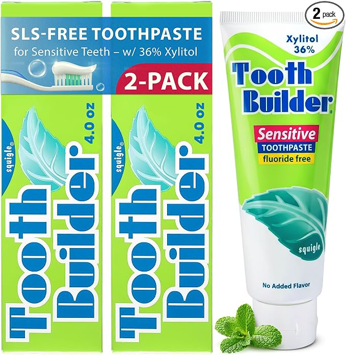 Squigle Tooth Builder Fluoride-Free Xylitol Sensitive Toothpaste 2-Pk | SLS-free for sensitive teeth and mouths that react to conventional toothpaste: a gentle, unflavored, low-foam formula