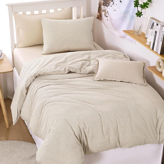 Wake In Cloud - Striped Cotton Duvet Cover Set, 100% Washed Cotton Textured Bedding Set, Ticking Stripe Pinstripe Farmhouse, 3 Pieces, Tan, Twin/Twin XL Size