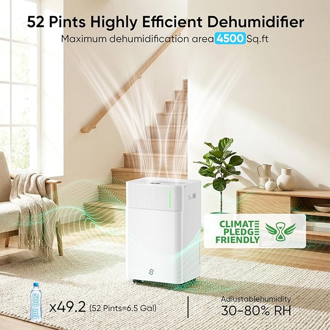 HUMILABS 52 Pints Dehumidifier for Home, 4500 Sq. Ft Dehumidifier for Basement with Drain Hose, 3 Modes, Ultra Quiet, Auto Defrost and 24HR Timer, for Bedroom, Garage, RV and Large Room