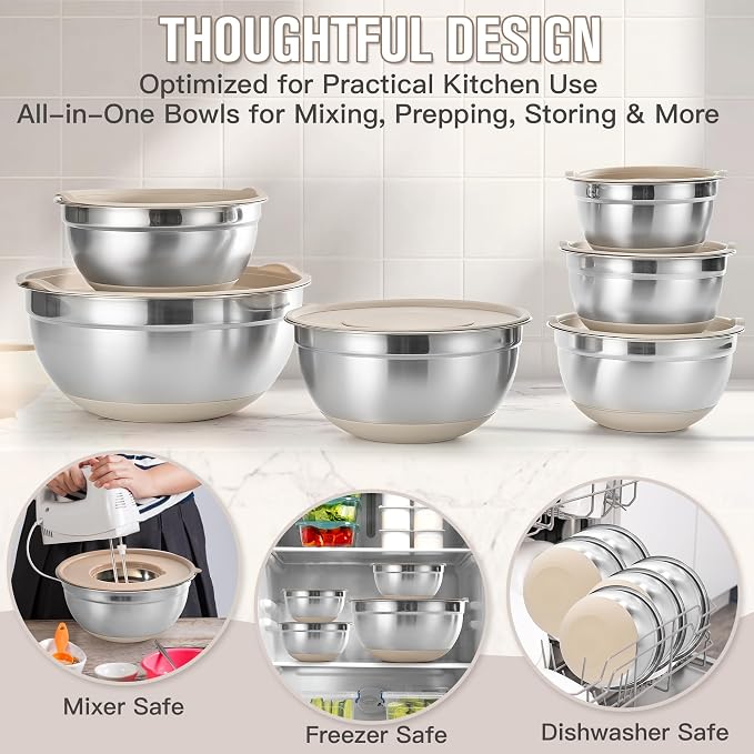7QT 30PCS Mixing Bowls with Lids Set, 7QT to 1QT Stainless Steel Nesting Bowls with Graters, Non-Slip Silicone Bottom, Large Khaki Bowls & 21 Measuring Cups and Spoons Set Kitchen Appliances