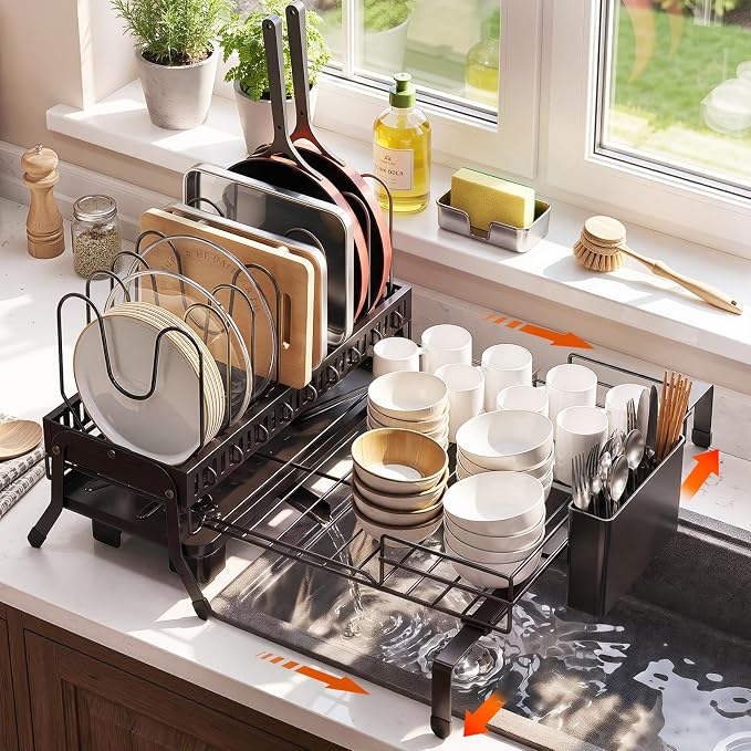 Housolution Large Expandable Dish Drying Rack for Kitchen Counter, Black | Rustproof, 9 Slots for Pan, Lid, Cutting Board, Utensil Holder, Adjustable Support Legs, Rotating Spout, Draining Tray