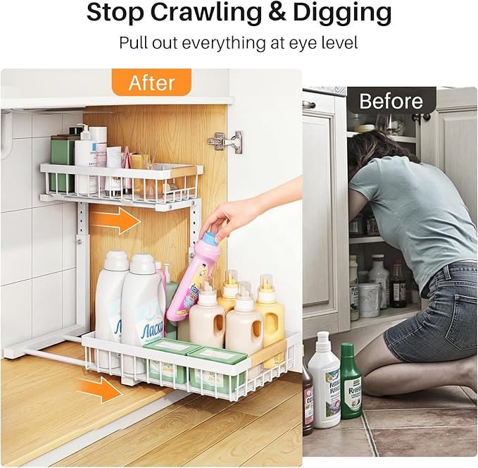 PXRACK Under Sink Organizer, Adjustable Height, 2 Tier Pull Out Under Cabinet Organizer, Slide Out Thickened Metal Under Sink Storage for Kitchen Bathroom Laundry Pantry Cabinet, White, Small-2-Pack