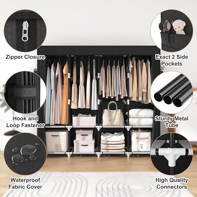 VTRIN Portable Closet for Hanging Clothes 67 Inch Wide Large Capacity Portable Wardrobe Closet with Cover, 4 Storage Shelves and 4 Hanging Rod Sturdy Free Standing Closet for Bedroom, Black