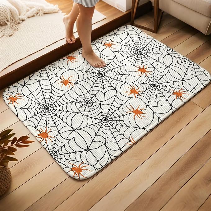 Halloween Bathroom Rugs Non Slip Washable Bath Mat Absorbent Low Pile Front Door Mat Black Net Classic Spiders Gingham Orange Indoor Doormat for Kitchen Entryway Shower Decor Accessories 31.5"x47.2"