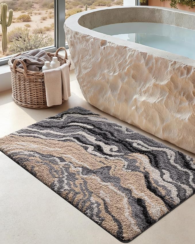 DEXI Bathroom Rug Mat 32x20, Soft and Absorbent Marble Bath Mat, Non Slip Machine Washable Bath Rugs for Shower Floor, Tub, Sink, Grey and Beige