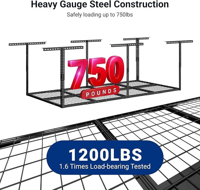 FLEXIMOUNTS 3x8 Overhead Garage Ceiling Storage Rack Organization, Black | 750lbs Weight Capacity, 22"-40" Adjustable Organization System, Heavy-Duty Metal Ceiling Racks, Classic Series