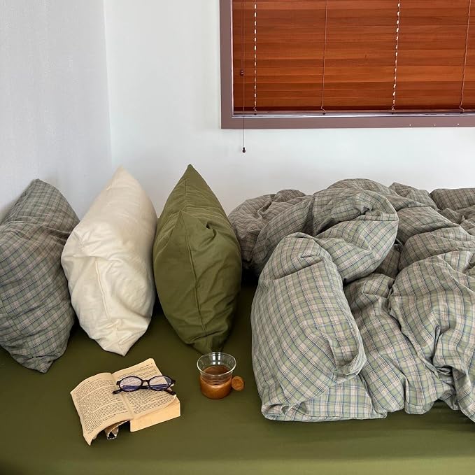 mixinni Vintage Green Buffalo Plaid Duvet Cover Set Queen Size - 3 Piece Mid-Century Washed Cotton Bedding Set with Grid Pattern, Ultra Soft & Breathable Duvet Cover with Pillowcases for All Seasons