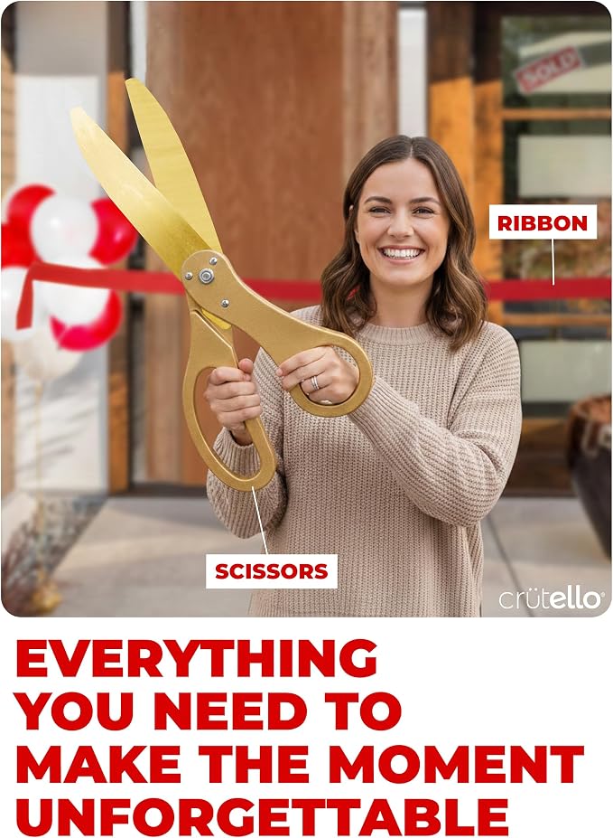 Crutello Ribbon Cutting Ceremony Kit - Grand Opening Ribbons and Scissors - 20"Giant Gold Scissors and 30 Foot Large Red Ribbon 4"Wide - Ceremonial Kit