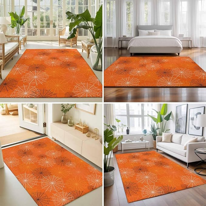 Area Rug 3'x5', Orange Halloween Washable Large Area Rugs for Kitchen Bedroom Laundry Bathroom Office, Black White Net Halloween Non Slip Door Mat Indoor Entryway Floor Accent Throw Carpet