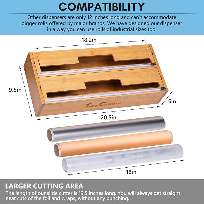 18 Inch Large Foil Wrap Dispenser with Cutter, 2 in 1 Aluminum Butcher Parchment Paper Freezer Tin Wax Cling Foil Plastic Wrap Organizer for Kitchen Drawer Bamboo Saran Storage Roll Holder