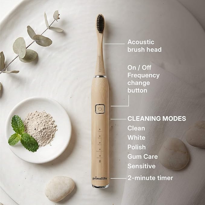 Primal Life Organics - New Real White Sonic Vibration Toothbrush, Bamboo Charcoal Infused Brush, eco-Friendly, Non-GMO